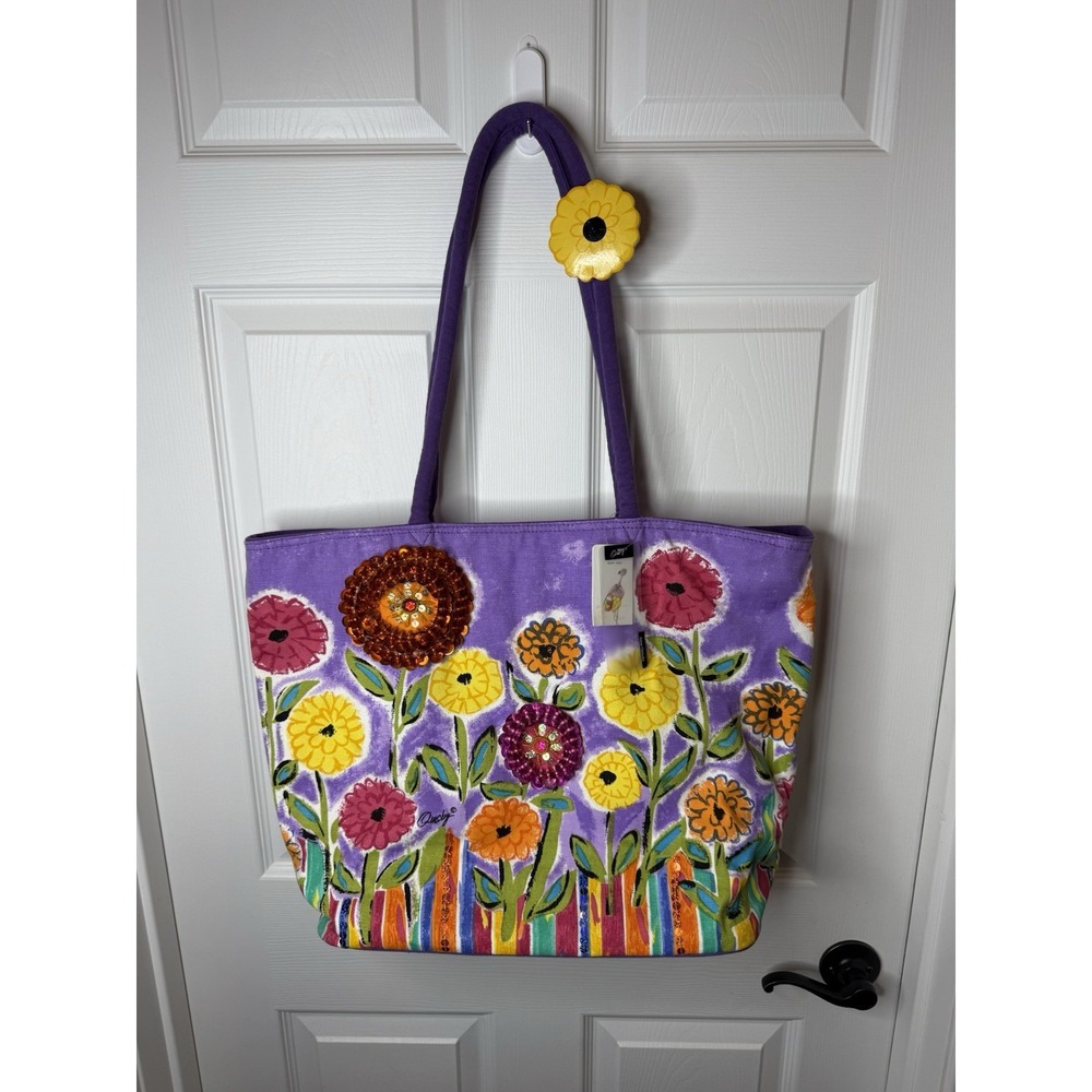 Anne Ormsby Sand & Sun Sequin Flower Theme Tote Beach Bag Charm  18"x 14" NWT